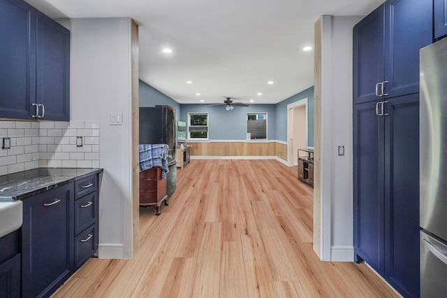 6 Youngs Ln, Setauket, NY 11733 - kitchen with blue cabinetry, light wood-style floors, ceiling fan, decorative backsplash, and recessed lighting