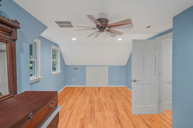 6 Youngs Ln, Setauket, NY 11733 - additional living space featuring a ceiling fan, light wood-type flooring, lofted ceiling, and recessed lighting
