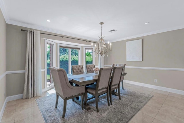 709 Demott Ct, Westbury, NY 11590 - dining area featuring light tile patterned floors, a chandelier, ornamental molding, and recessed lighting