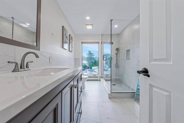 709 Demott Ct, Westbury, NY 11590 - full bath with vanity, a marble finish shower, marble finish flooring, and recessed lighting