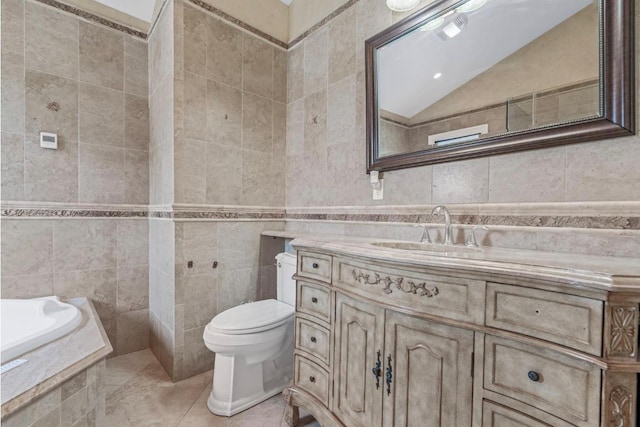 709 Demott Ct, Westbury, NY 11590 - full bath with tile walls, vanity, a bath, tile patterned flooring, and vaulted ceiling