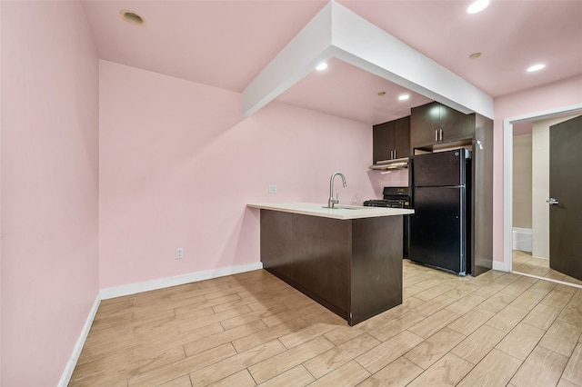 41-38 College Point Blvd Unit 4A, Flushing, NY 11355 - kitchen featuring freestanding refrigerator, a peninsula, light countertops, light wood-style flooring, and recessed lighting