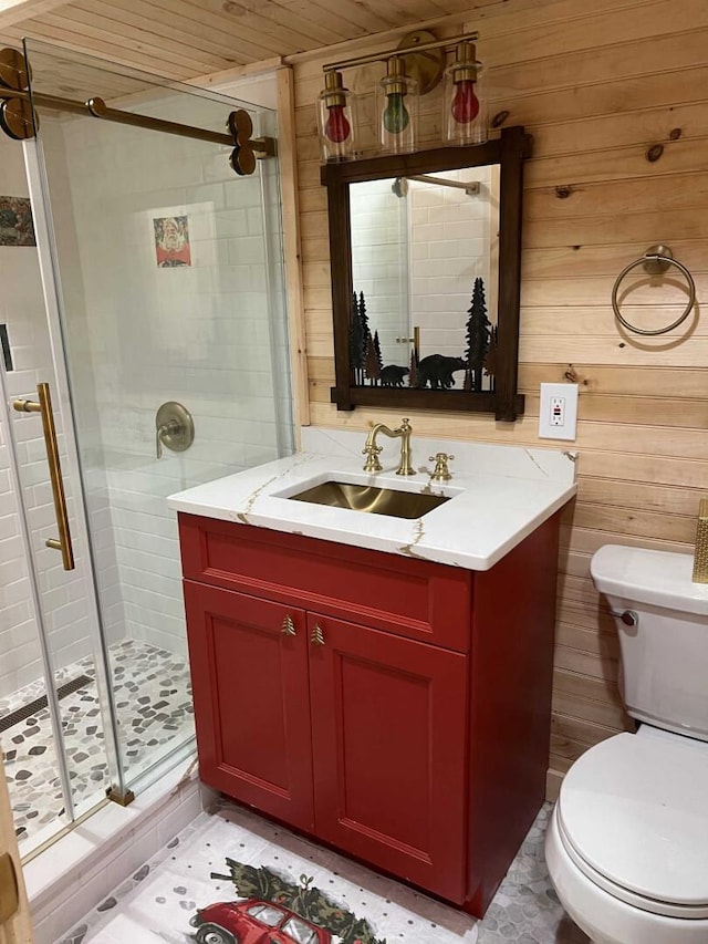 989 Chiloway Rd, Roscoe, NY 13856 - full bathroom featuring vanity, a shower stall, wood walls, and wooden ceiling