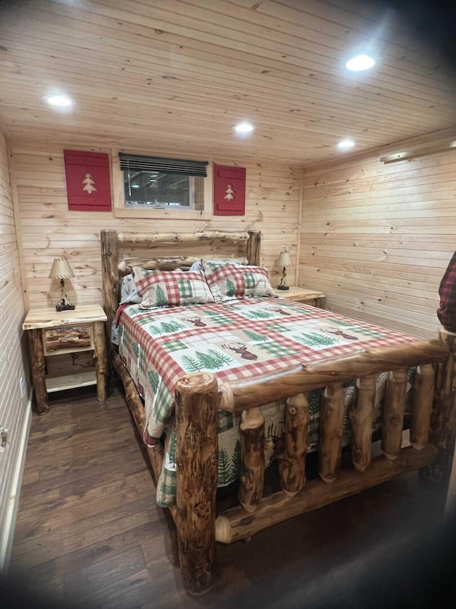 989 Chiloway Rd, Roscoe, NY 13856 - bedroom featuring wooden walls, wooden ceiling, dark wood-style flooring, and recessed lighting