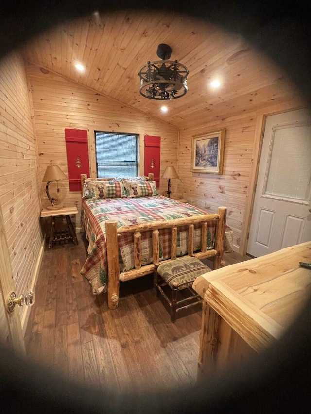 989 Chiloway Rd, Roscoe, NY 13856 - bedroom featuring vaulted ceiling, wood walls, hardwood / wood-style flooring, and wooden ceiling