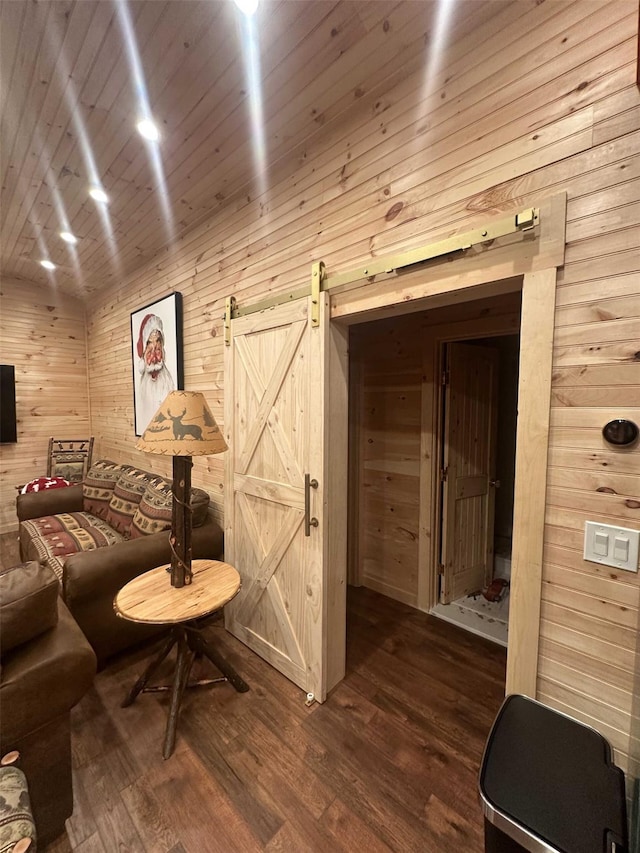 989 Chiloway Rd, Roscoe, NY 13856 - living room featuring wooden walls, a barn door, and dark wood finished floors
