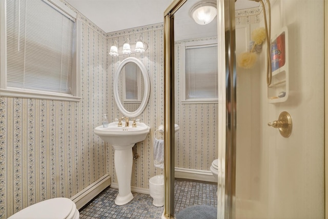127 Bullet Hole Rd, Carmel, NY 10512 - bathroom with wallpapered walls, a baseboard heating unit, and tile patterned flooring