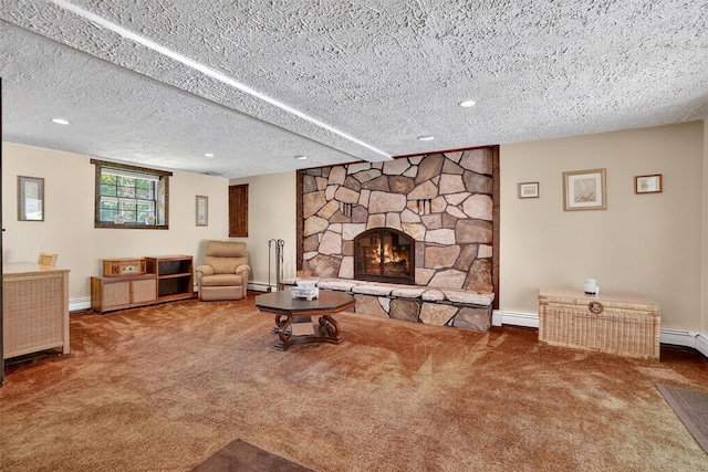 127 Bullet Hole Rd, Carmel, NY 10512 - living area featuring carpet floors, baseboard heating, a fireplace, a textured ceiling, and recessed lighting