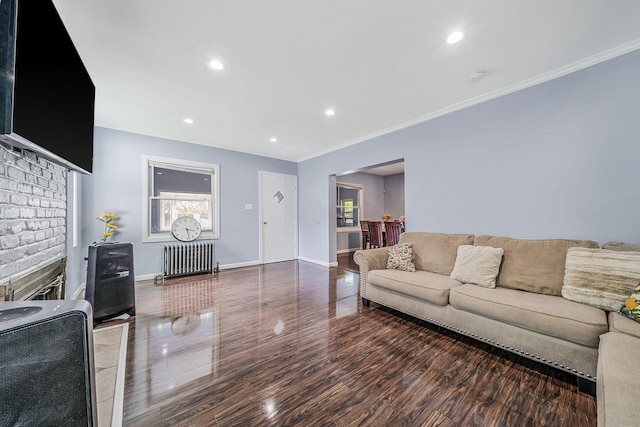26 Rosedale Ave, Freeport, NY 11520 - living room with radiator, wood finished floors, recessed lighting, and ornamental molding
