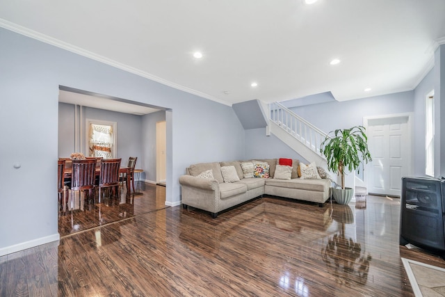 26 Rosedale Ave, Freeport, NY 11520 - living area with stairway, wood finished floors, crown molding, and recessed lighting