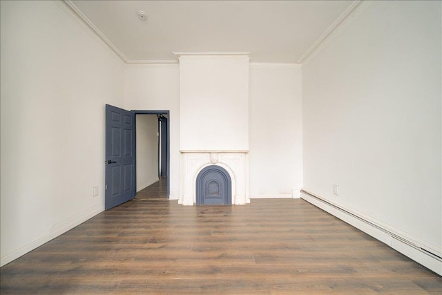 97 E Main St, Middletown, NY 10940 - unfurnished living room with baseboard heating, ornamental molding, wood finished floors, and a fireplace