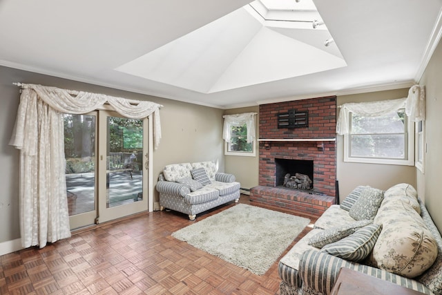 65 Winston Dr, Smithtown, NY 11787 - living area with crown molding, a fireplace, and a skylight