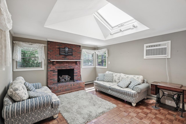 65 Winston Dr, Smithtown, NY 11787 - living room with a skylight, healthy amount of natural light, ornamental molding, a brick fireplace, and a wall unit AC