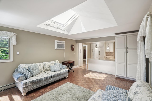 65 Winston Dr, Smithtown, NY 11787 - living room with a skylight, a wall mounted AC, and ornamental molding