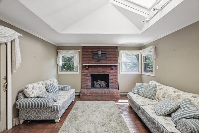65 Winston Dr, Smithtown, NY 11787 - living area featuring a skylight, a fireplace, ornamental molding, and baseboard heating