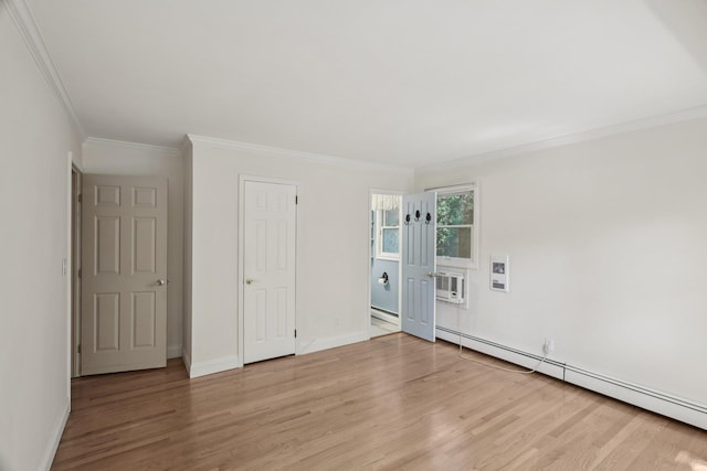 65 Winston Dr, Smithtown, NY 11787 - unfurnished bedroom with baseboard heating, ornamental molding, light wood-type flooring, a baseboard radiator, and an AC wall unit