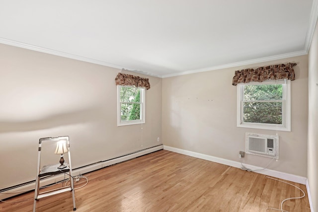 65 Winston Dr, Smithtown, NY 11787 - empty room with a baseboard radiator, crown molding, wood finished floors, and a wall mounted air conditioner