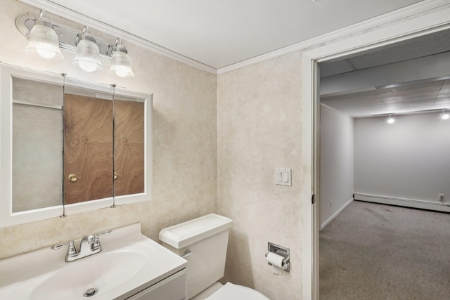 65 Winston Dr, Smithtown, NY 11787 - half bathroom with vanity, crown molding, and a baseboard heating unit