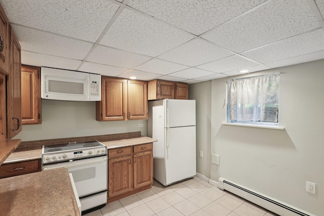 65 Winston Dr, Smithtown, NY 11787 - kitchen with white appliances, a baseboard radiator, brown cabinets, a drop ceiling, and light tile patterned flooring
