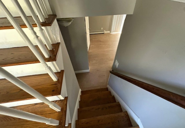 58 Hauppauge Rd, Hauppauge, NY 11788 - stairs featuring a baseboard heating unit and wood finished floors