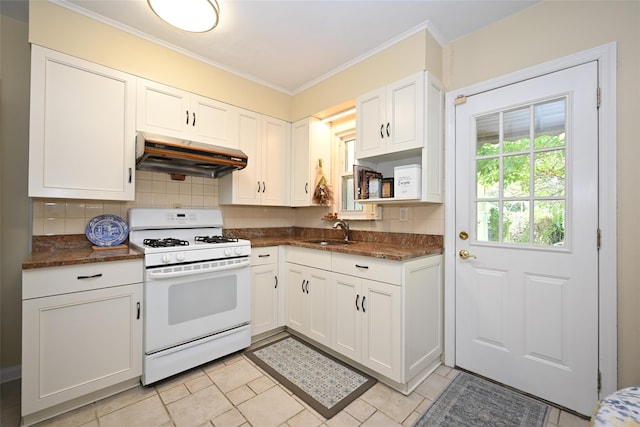 50-40 184th St, Fresh Meadows, NY 11365 - kitchen featuring white gas range oven, exhaust hood, tasteful backsplash, white cabinets, and crown molding