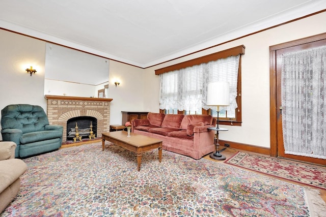 64-66 82nd Pl, Middle Village, NY 11379 - living room featuring crown molding and a brick fireplace