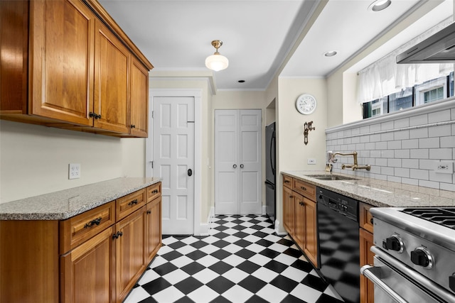 1 Highwood Way, Larchmont, NY 10538 - kitchen with black appliances, light floors, extractor fan, brown cabinets, and tasteful backsplash