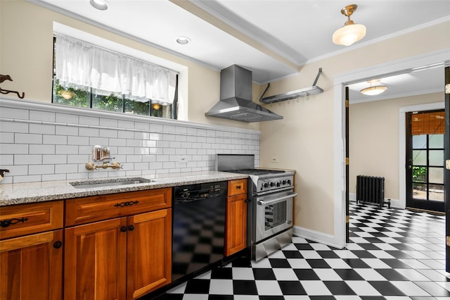 1 Highwood Way, Larchmont, NY 10538 - kitchen featuring dishwasher, high end stove, wall chimney exhaust hood, radiator heating unit, and dark flooring