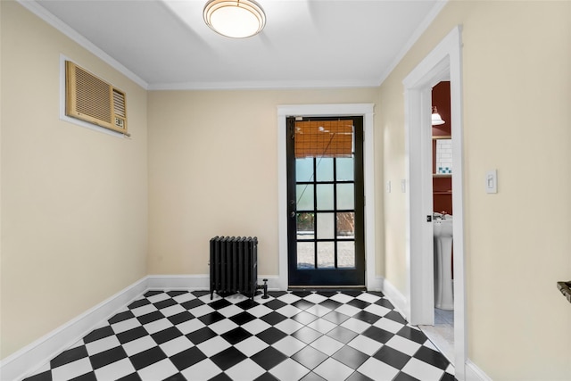 1 Highwood Way, Larchmont, NY 10538 - entryway featuring radiator, tile patterned floors, and crown molding
