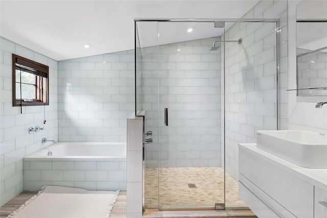 178 Skimhampton Rd, Amagansett, NY 11937 - bathroom featuring a shower stall, a garden tub, vanity, and tile walls