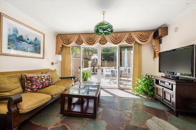 34 Elm St, Great Neck, NY 11021 - living area featuring crown molding and stone floors