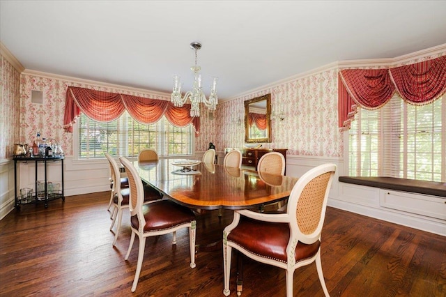 34 Elm St, Great Neck, NY 11021 - dining space with wallpapered walls, a wainscoted wall, a chandelier, ornamental molding, and wood finished floors
