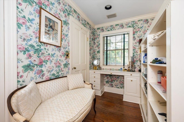 34 Elm St, Great Neck, NY 11021 - living area featuring wallpapered walls, dark wood finished floors, and crown molding