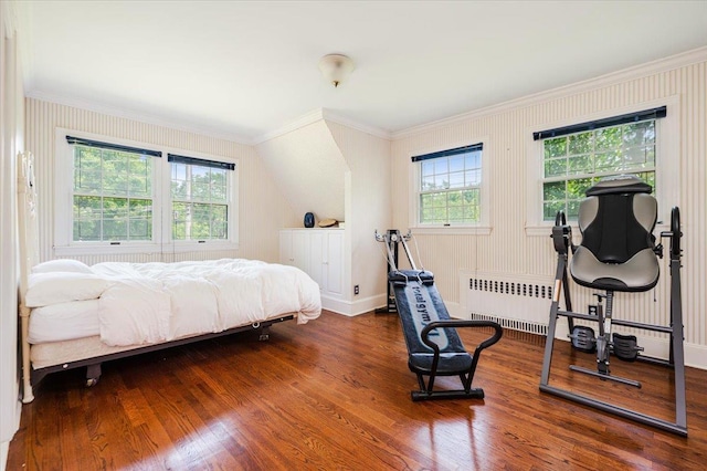 34 Elm St, Great Neck, NY 11021 - bedroom with radiator, ornamental molding, and wood finished floors