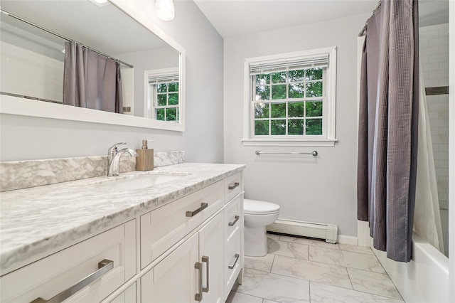 10 Jennifer Ln, Carmel, NY 10512 - full bathroom featuring a baseboard heating unit, marble look tile flooring, vanity, and shower / bath combo with shower curtain
