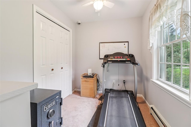 10 Jennifer Ln, Carmel, NY 10512 - exercise area with a baseboard radiator, carpet flooring, healthy amount of natural light, and ceiling fan
