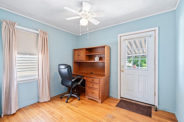 46-27 195th St, Flushing, NY 11358 - office area featuring light wood-type flooring, ornamental molding, and ceiling fan