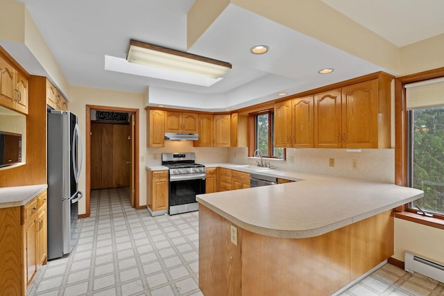 41-59 Fox Mountain Rd, Livingston Manor, NY 12758 - kitchen with stainless steel appliances, a baseboard radiator, under cabinet range hood, light flooring, and recessed lighting