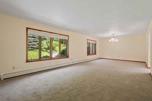 41-59 Fox Mountain Rd, Livingston Manor, NY 12758 - empty room with healthy amount of natural light, a chandelier, carpet floors, and a baseboard radiator