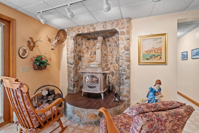 41-59 Fox Mountain Rd, Livingston Manor, NY 12758 - living room featuring a wood stove and rail lighting