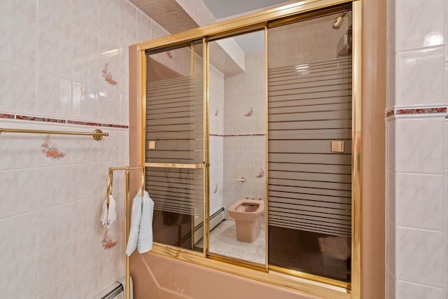 41-59 Fox Mountain Rd, Livingston Manor, NY 12758 - bathroom featuring tile walls, an enclosed shower, baseboard heating, a bidet, and tile patterned flooring