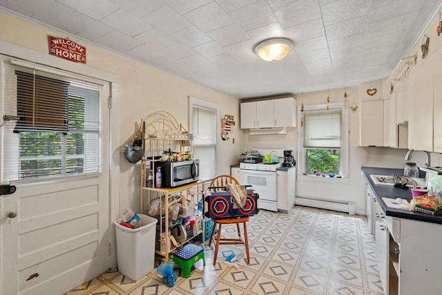41-59 Fox Mountain Rd, Livingston Manor, NY 12758 - kitchen featuring white gas range oven, stainless steel microwave, plenty of natural light, and a baseboard heating unit