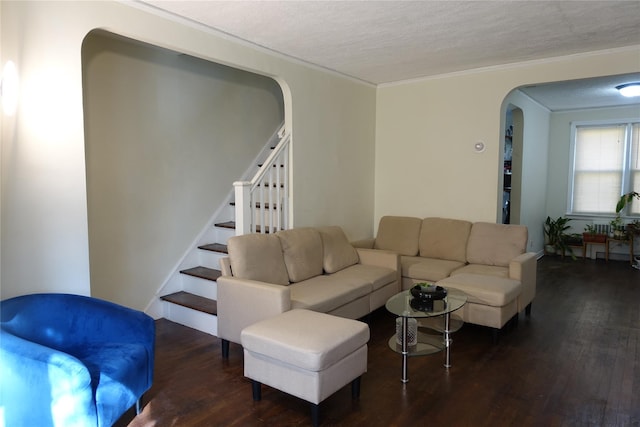 4120 Murdock Ave, Bronx, NY 10466 - living area featuring arched walkways, wood finished floors, ornamental molding, stairway, and a textured ceiling