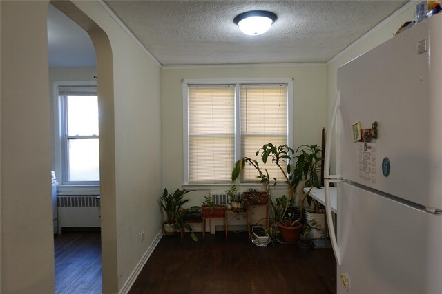 4120 Murdock Ave, Bronx, NY 10466 - miscellaneous room featuring radiator heating unit, wood finished floors, a textured ceiling, arched walkways, and crown molding
