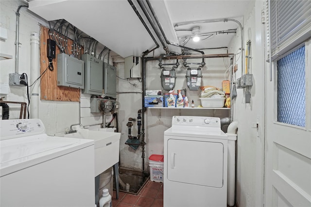 6404 78th St, Middle Village, NY 11379 - laundry area featuring washer and clothes dryer, electric panel, and dark tile patterned flooring