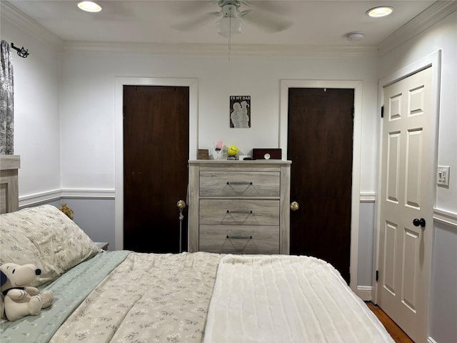 179 Clinton Ave, East Patchogue, NY 11772 - bedroom with crown molding, recessed lighting, wood finished floors, and ceiling fan
