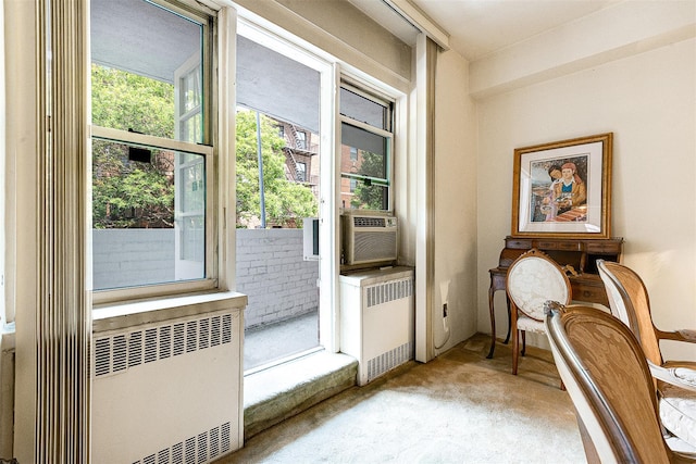 69-10 108th St Unit 1N, Forest Hills, NY 11375 - doorway with radiator, healthy amount of natural light, and carpet flooring