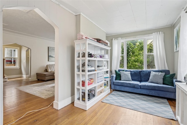 222 E 4th St, Mount Vernon, NY 10553 - sitting room featuring arched walkways, ornamental molding, and light wood-type flooring