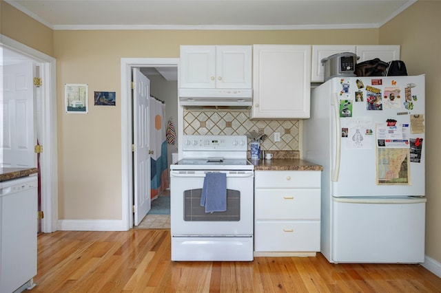 10 Tobacco Ln, Red Hook, NY 12571 - kitchen featuring white appliances, under cabinet range hood, light wood finished floors, decorative backsplash, and crown molding