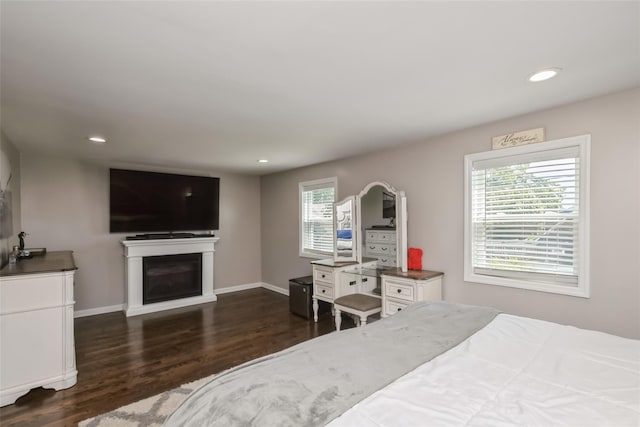 393 S 4th St, Lindenhurst, NY 11757 - bedroom featuring dark wood finished floors, recessed lighting, and a glass covered fireplace